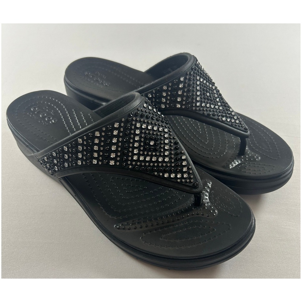 Crocs Monterey Shimmer Wedge Flip Flops Womens 11 Black Rhinestone Sandals NWOB